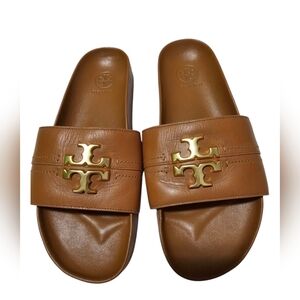 Tory Burch Brown Slide Sandals with Gold Logo like new.